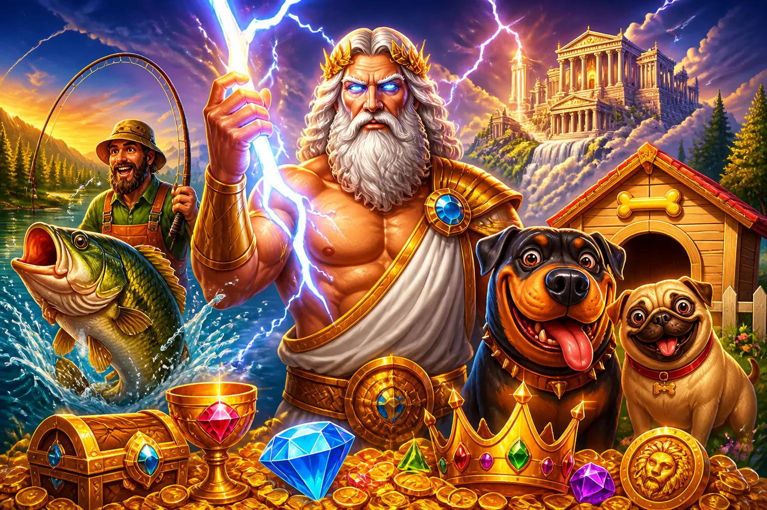 Cinematic slot game scene with vibrant characters and fantasy environment from Bison Casino.